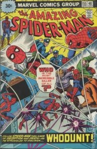 comic cover of a collage of Spider-man seen through a spider web