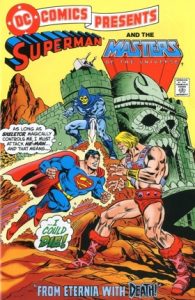 comic cover of superman fighting he-man