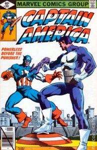 comic cover with a black diagonal line through the barcode and showing the Punisher shooting Captain America