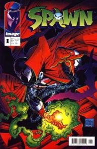 Spawn crouching on the cover with his hand glowing green