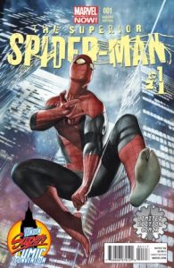 Spider-man web slinging through a city